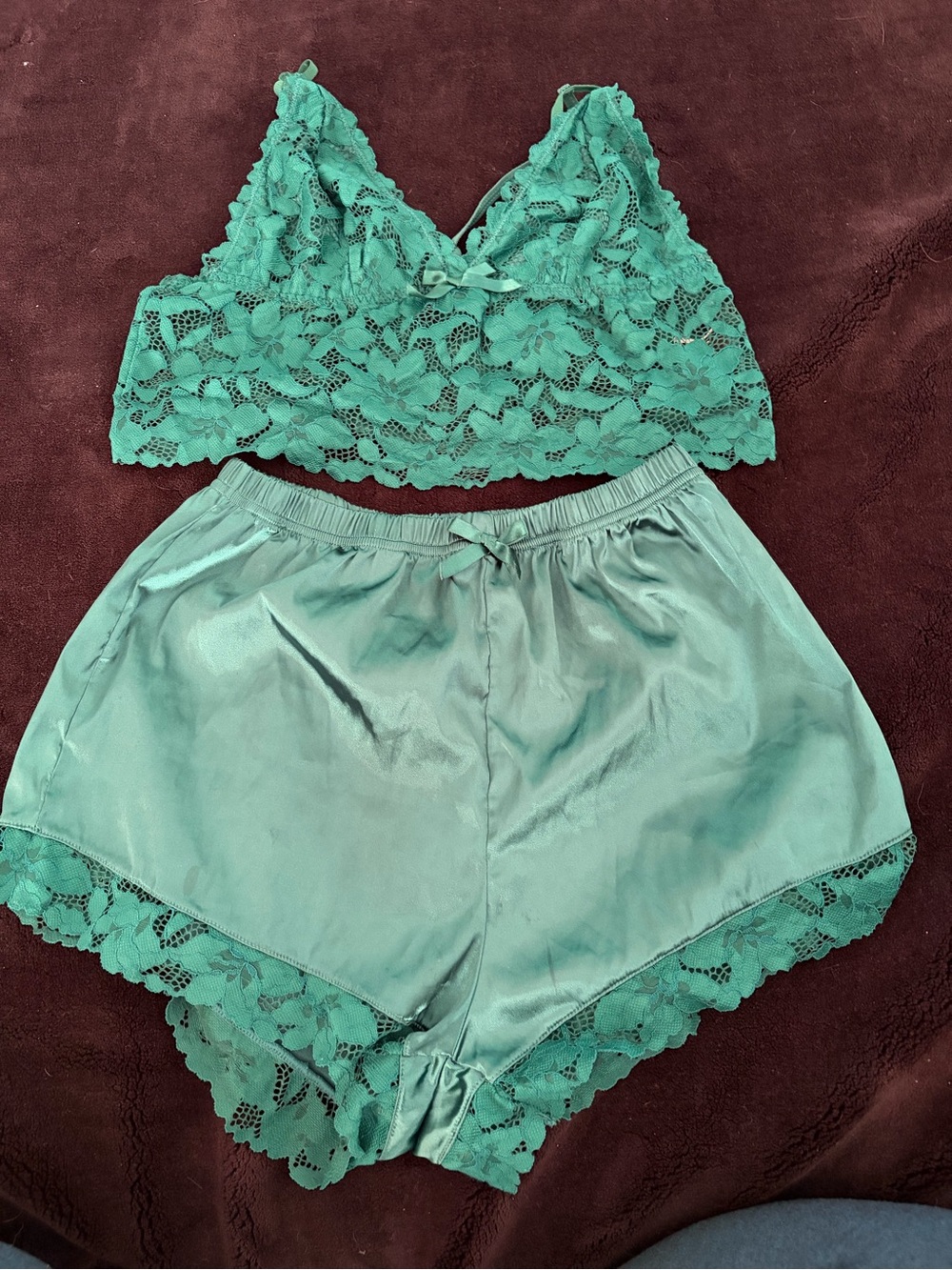 SHEIN Teal Lace Bralette with Satin Lace-Trim Shorts